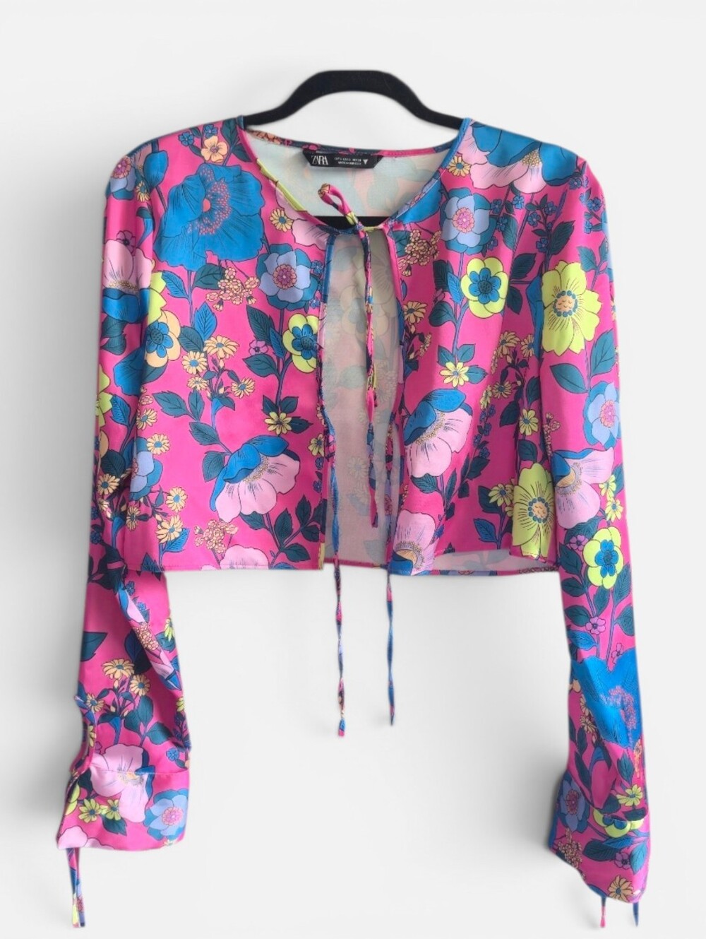 ZARA Satin Effect‎ Pink Floral Boho Tie-Front Colorful Cropped Blouse